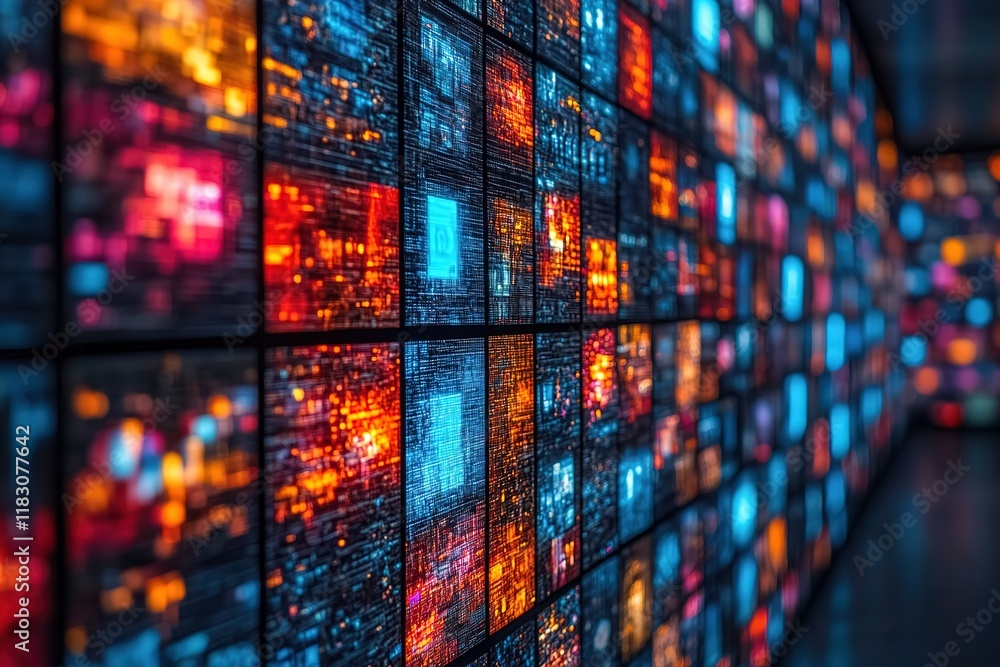 Poster abstract digital data wall with glowing screens displaying complex information. perfect for technolo