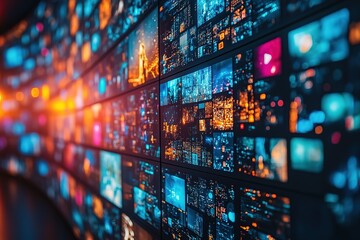 Wall of screens displaying vibrant data streams and cityscapes.  A digital landscape of information.