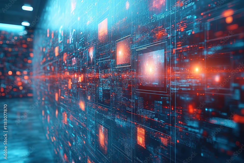 Poster digital data streams and glowing screens fill a futuristic server room, creating a vibrant and dynam