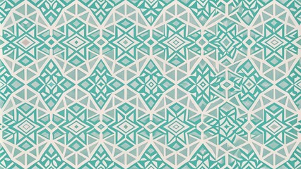 Intricate Geometric Teal and White Pattern Featuring Interlocking Triangles and Starburst Motifs