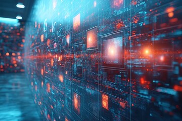 Digital data streams and glowing screens fill a futuristic server room, creating a vibrant and dynamic visual representation of modern technology.