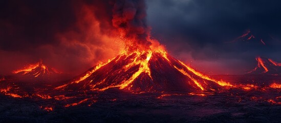Fiery volcanic eruption at night with lava flowing down the slopes.