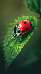 Naklejka premium Capturing a Moment of Silence: Vibrant Ladybird on a Tranquil Leaf in Natural Daylight