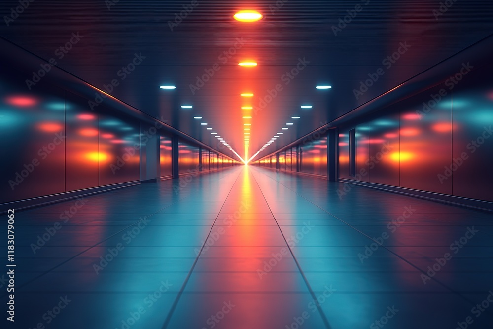 Poster neon-lit corridor extending to a bright end, creating a futuristic and vibrant atmosphere.