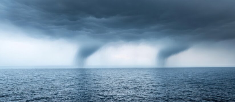 Two waterspouts over stormy ocean.