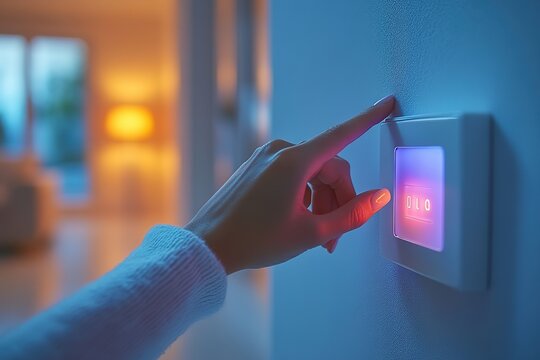 Woman's hand using a smart home light switch at night. The soft glow of the room adds to the serene atmosphere.