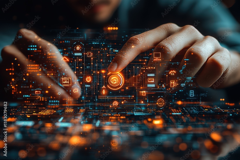 Poster interactive digital interface, futuristic technology concept. person interacts with glowing data.