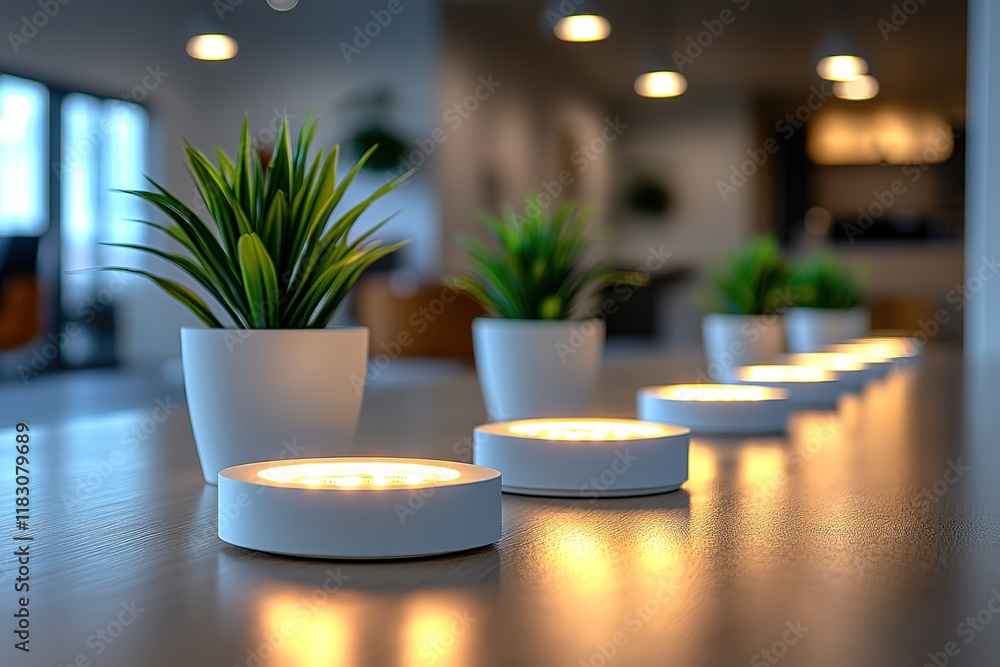 Poster illuminated table with potted plants and small lights creating a warm and inviting atmosphere.