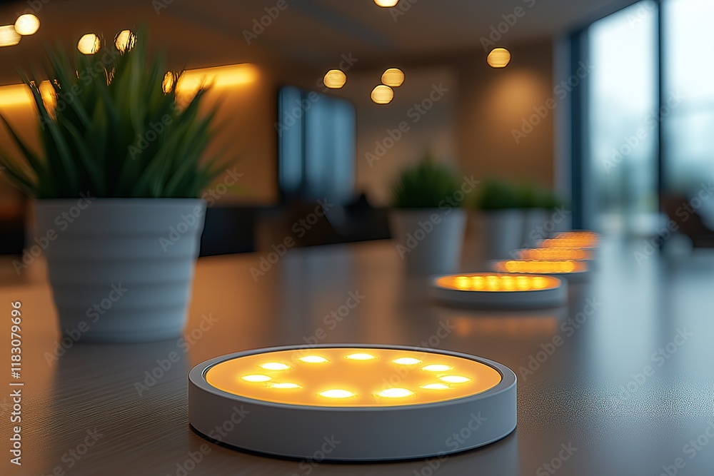 Poster warm led lights illuminate a modern office setting, creating a calm and inviting atmosphere.