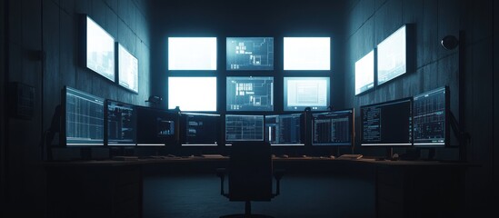 Naklejka premium Dark control room with multiple computer screens displaying data.