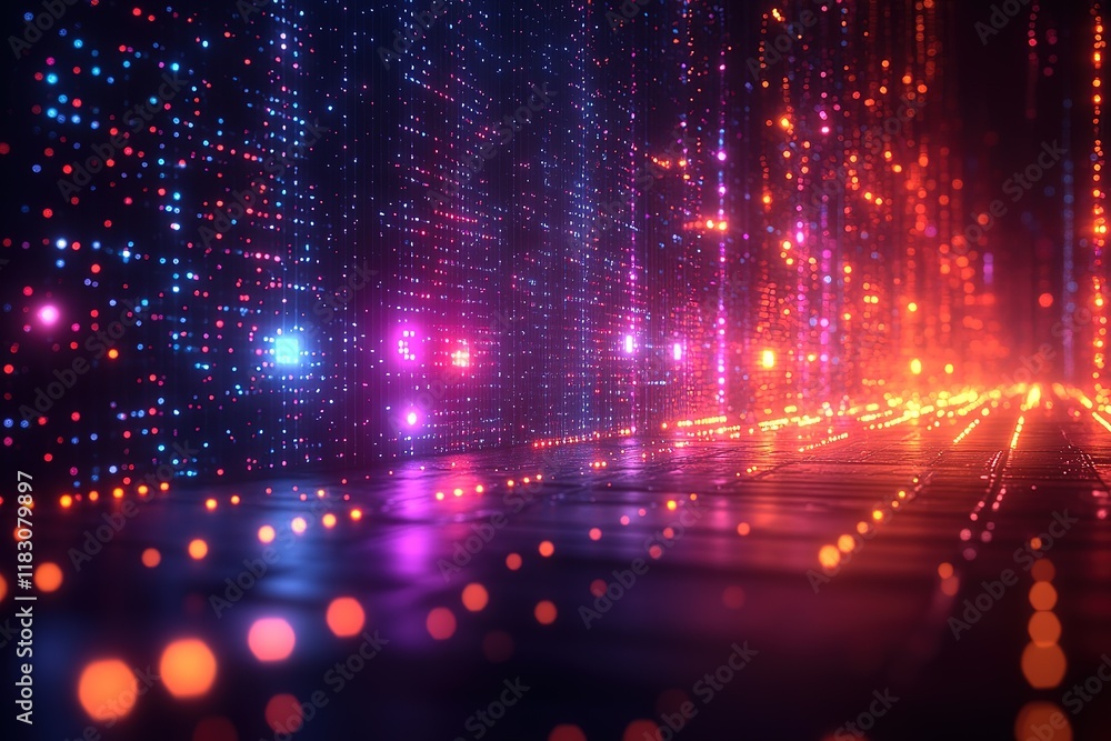 Poster neon lights illuminate a futuristic cityscape at night. glowing pathways and vibrant structures crea