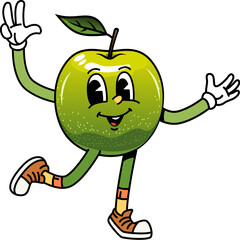 Cartoon groovy apple fruit character with happy face and fingers peace sign, vector emoji. Groovy green apple smiling with freaky emotion and peace or cool Hi gesture sign as retro cartoon character