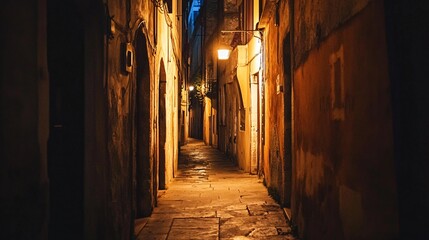Obraz premium Narrow cobblestone alleyway illuminated by warm lamplight in historic town, showcasing ancient buildings and serene evening atmosphere for travel photography