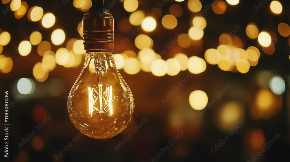 Poster warm glow of vintage light bulb hanging against a background of soft bokeh lights creating an inviti