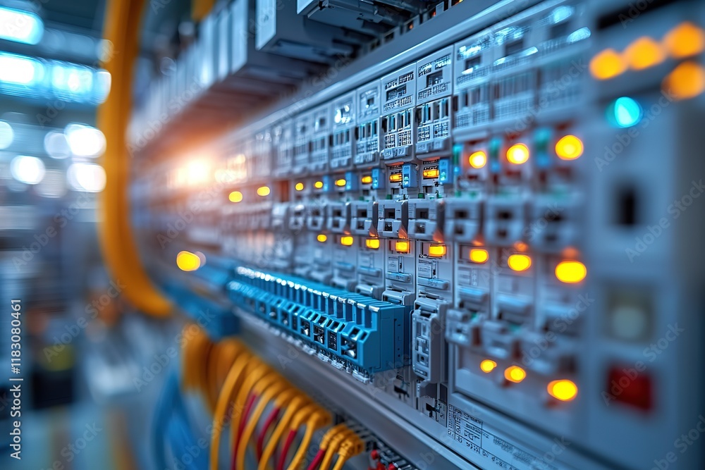 Poster close-up of illuminated server rack with network cables.