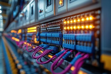 Network server room with glowing lights and cables.