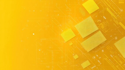 Abstract yellow digital technology background with circuit board pattern and glowing squares.