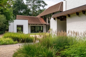 The contemporary home beautifully integrates modern architectural elements with the surrounding lush greenery, creating a peaceful and harmonious environment