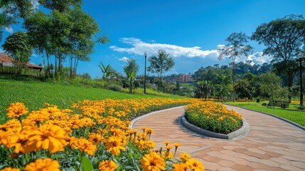 Obraz premium Winding path through vibrant yellow flower garden.
