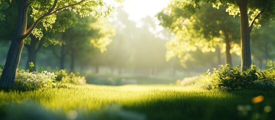 Fototapeta premium Sunlit green forest path with lush grass and trees.
