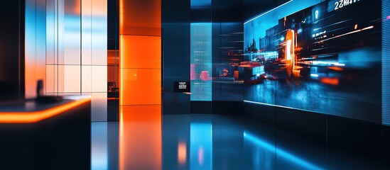 Modern news studio with vibrant orange and blue lighting, large screen displaying dynamic city scene.