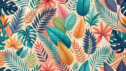 Vibrant Tropical Foliage Seamless Pattern Design Featuring Lush Leaves and Exotic Plants