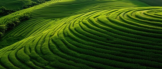 Fototapeta premium Lush green hills feature beautifully patterned terraces, showcasing the harmony of nature and agriculture in a vibrant landscape.