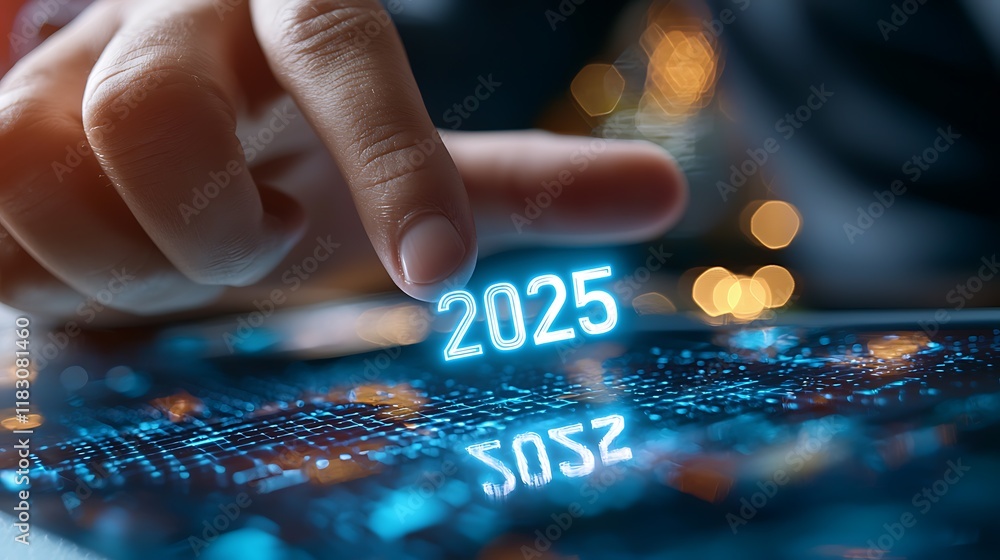 Poster glowing digital network illuminated with neon blue and green lights showcasing a futuristic 2025 tec