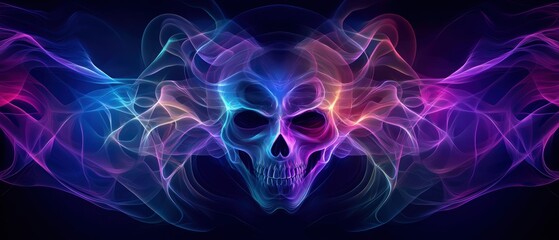 Fototapeta premium A vibrant digital artwork featuring a colorful skull surrounded by swirling smoke in shades of blue, purple, and pink on a dark background.
