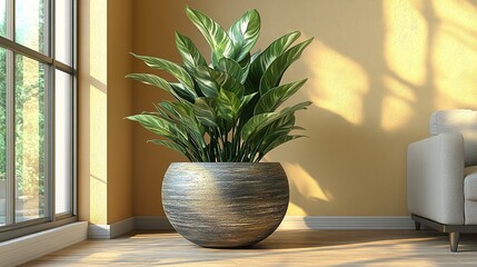 Green plant in large dark pot near window and sofa