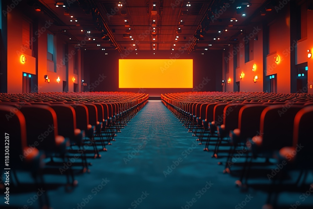 Poster empty auditorium with rows of red seats facing a large screen. warm lighting creates a dramatic atmo