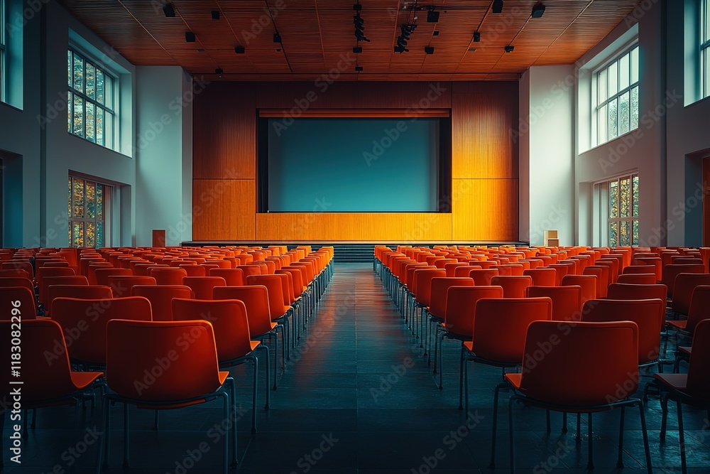 Poster empty auditorium with rows of orange chairs and a large screen. ready for a presentation or conferen