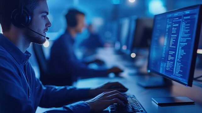 Focused male technician works late at night in a brightly lit data center, using a headset and computer, with colleagues in the background.