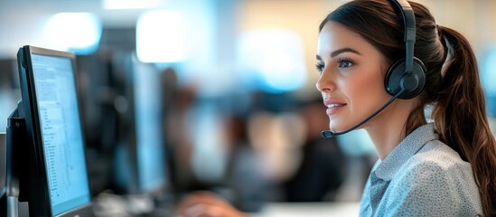 Focused female customer service representative using headset and computer.