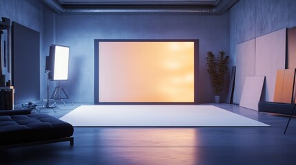Fototapeta premium Modern photography studio interior with lighting equipment, backdrop, and furniture.