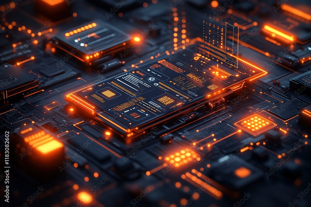 Poster futuristic circuit board with glowing components and data streams. abstract technological background