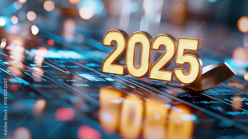 Poster radiant golden 2025 text floating in a luminous and reflective environment symbolizing the anticipat