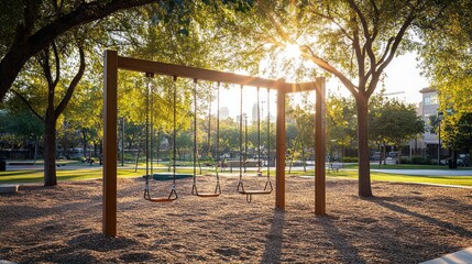 Fototapeta premium Golden hour sunlight through trees on empty playground swings.