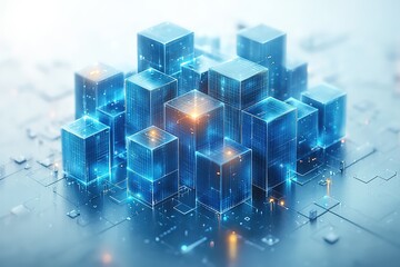 Abstract digital cityscape of glowing blue cubes. Futuristic technology concept.