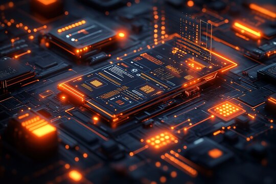 Futuristic circuit board with glowing components and data streams. Abstract technological background.