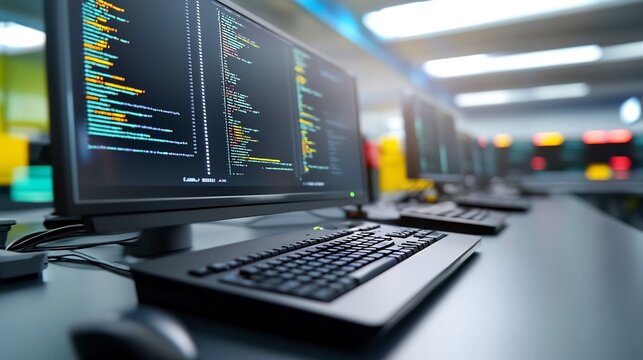 Close-Up Photo: Efficiently Coding Software in a Modern Tech Lab. AI Generated