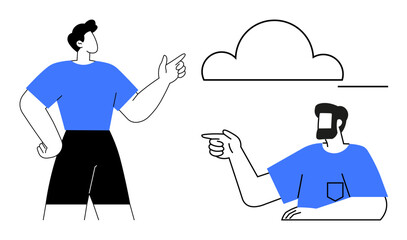 Two minimalist characters in blue shirts engage with a cloud shape, pointing towards it. Ideal for teamwork, communication, technology, networking, creativity, brainstorming, digital interaction