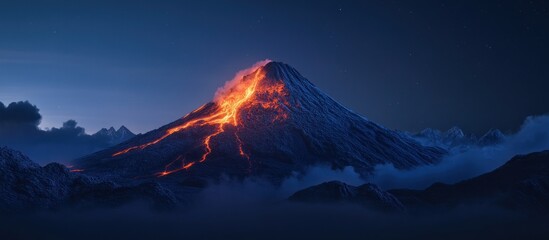Erupting volcano at night, glowing lava flows down snowy mountainside.