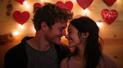 Loving Couple in Intimate Embrace Surrounded by Glowing Red Hearts on Blurred Festive Background  Concept of Romance Passion and Devotion