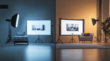 Before & after photo shoot studio lighting setup comparison.