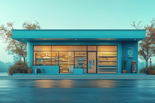 A small, teal convenience store stands on a quiet street, its windows glowing warmly in the twilight.