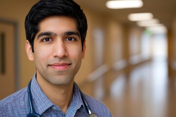 Fototapeta premium Young male healthcare professional with stethoscope in hospital hallway, showcasing confidence and dedication to patient care in modern medical environment
