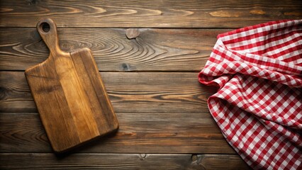 Rustic wooden table setting with a wooden cutting board and a red and white checkered tablecloth