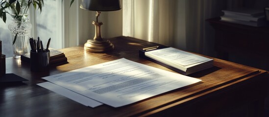Fototapeta premium Desk with documents, lamp, and pen holder in sunlight.