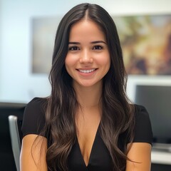 Smiling young Hispanic woman in office.
